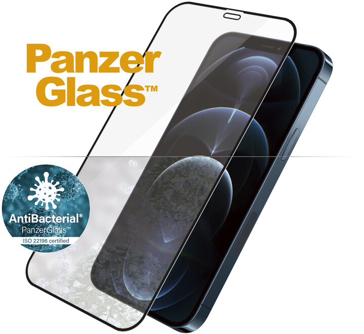 PanzerGlass ochranné sklo Edge-to-Edge pro Apple iPhone 12 Pro Max 6.7", 0.4mm, černá antibakteriální