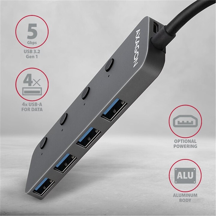 AXAGON switch hub USB-A 3.2 Gen1 - 4xUSB-A, 5Gbit/s, přepínací, 20cm, šedá_1092388598