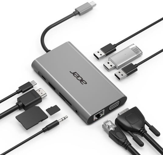 Acer USB-C Dongle 10v1, PowerDelivery, HDMI, VGA, LAN, 3x USB, čtečka karet, audio jack_1046510588