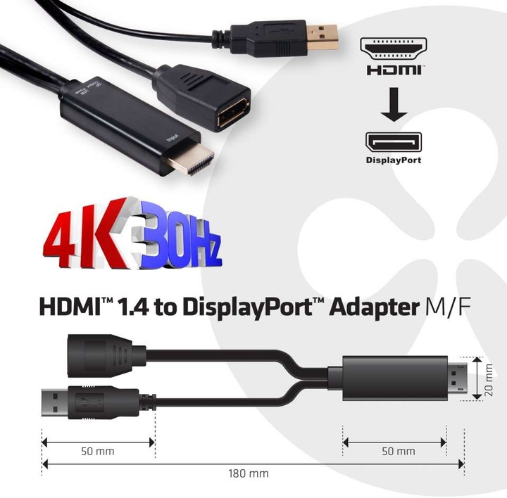 Club3D adaptér HDMI 1.4 na DisplayPort 1.1 (M/F), USB napájení, 18cm_1447406073