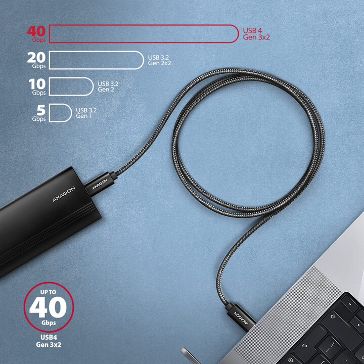 AXAGON kabel NewGEN+ USB-C - USB-C, USB4 Gen 3×2, PD 240W 5A, 8K@60Hz, ALU, opletený, 1m, černá_9969717