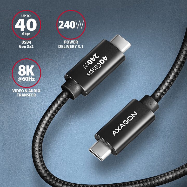 AXAGON kabel NewGEN+ USB-C - USB-C, USB4 Gen 3×2, PD 240W 5A, 8K@60Hz, ALU, opletený, 1m, černá_84935071