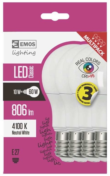 Emos LED žárovka Classic A60 10W E27, neutrální bílá - 4ks