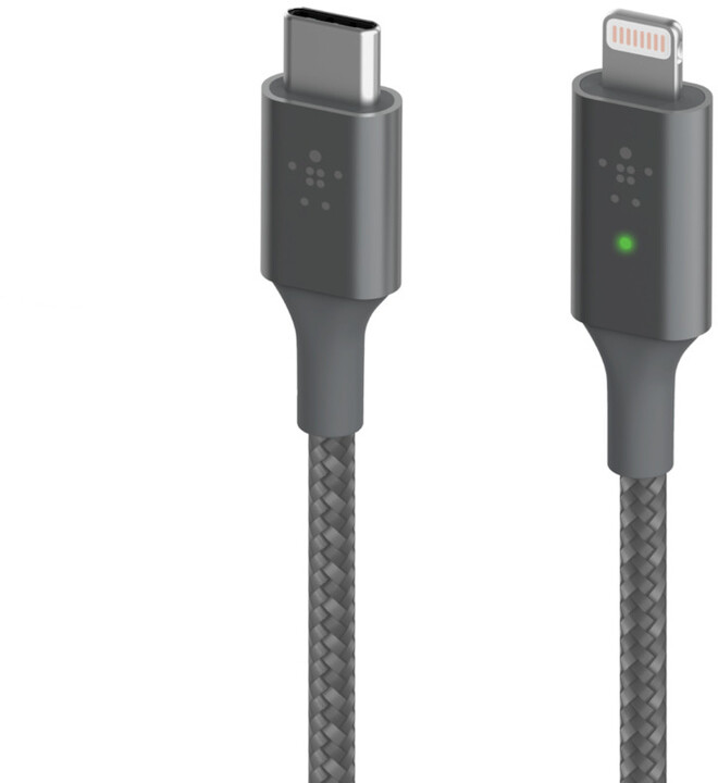 Belkin kabel USB-C - Lightning, M/M, MFi, Smart LED, opletený, 1.2m, stříbrná