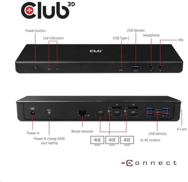Club3D dokovací stanice USB 3.2 typ C Universal Triple 4K s napájecím adaptérem_1591368163