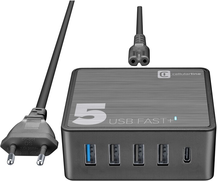 CellularLine síťová nabíječka Multipower 5 Fast, USB-C, 4xUSB, PD, 60W, černá