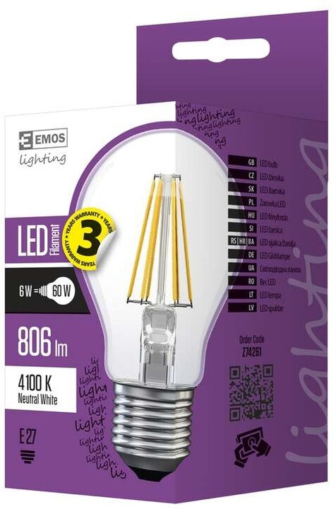 Emos LED žárovka Filament A60 E 6W E27, neutrální bílá_1623404616