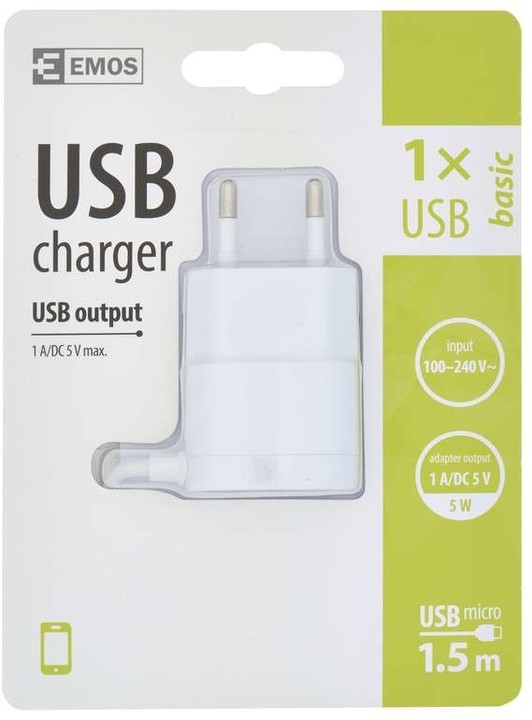 Emos Univerzální USB adaptér do sítě 1A (5W) max., kabelový_1071417212