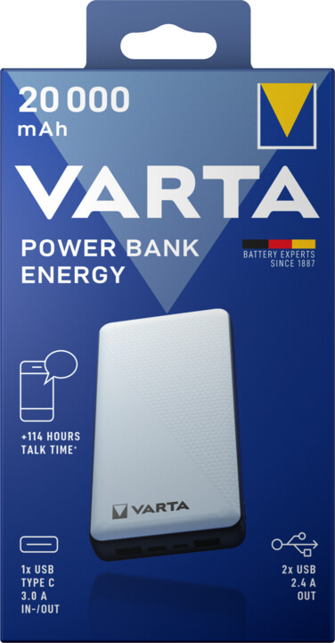 VARTA powerbanka Energy, 20000mAh, USB-C, 2xUSB, černá/bílá_295802568