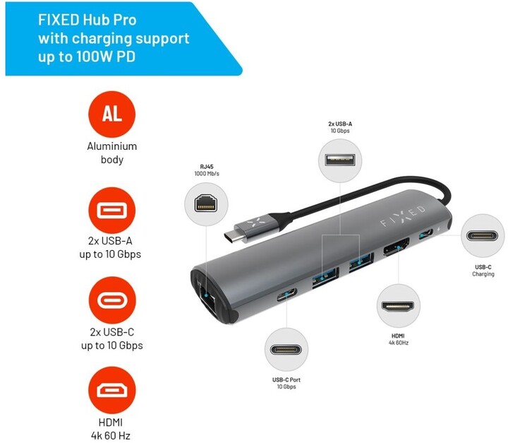FIXED USB-C hliníkový 6-portový HUB Pro, šedá_1038931575