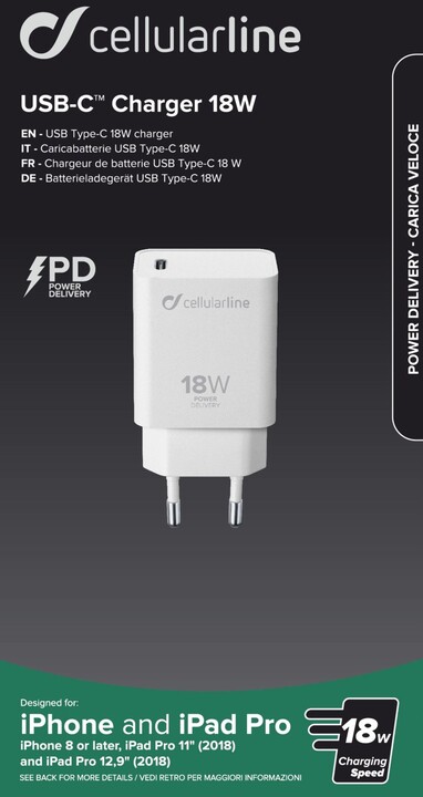 CellularLine síťová nabíječka s USB-C konektorem, Power Delivery (PD), 18 W, bílá_611789888