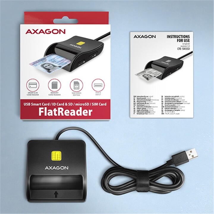 AXAGON CRE-SM3SD, USB-A FlatReader 4-slot čtečka Smart card (eObčanka) + SD/microSD/SIM, kabel 1.3 m_2069012339