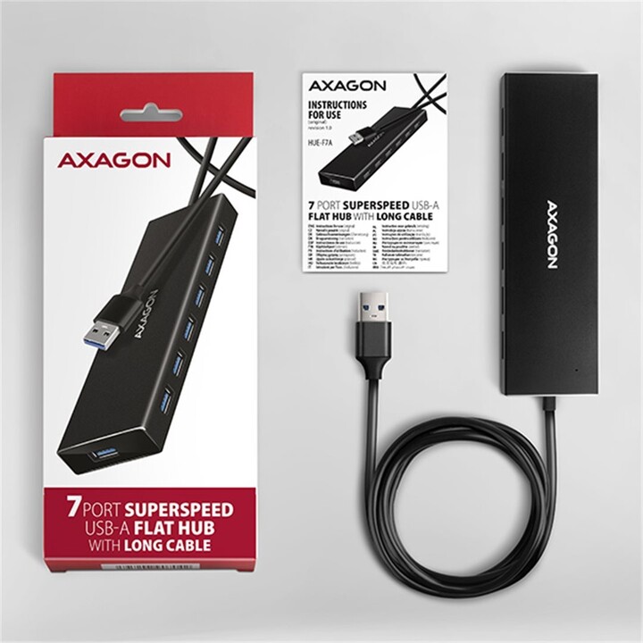 AXAGON HUE-F7A, 7x USB 3.2 Gen 1, ALU FLAT CHARGING hub, micro USB, kabel USB-A 1m_807341587