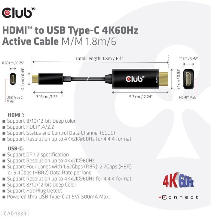 Club3D aktivní kabel HDMI na USB-C, 4K60Hz, 1.8m, M/M_1618910487