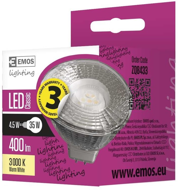 Emos LED žárovka Classic MR16 4,5W GU5,3, teplá bílá