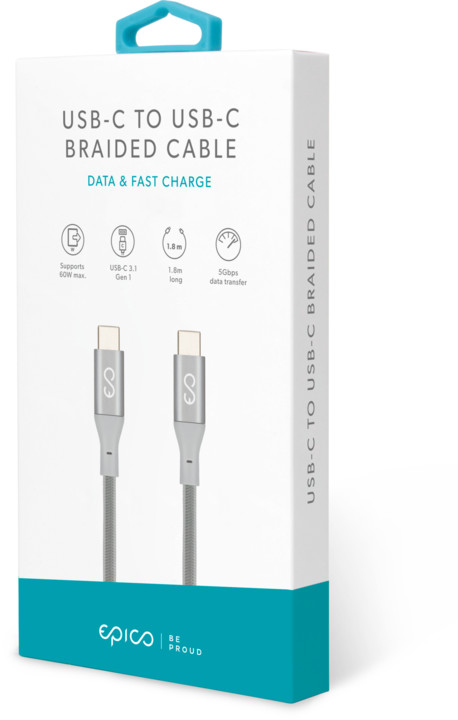 EPICO nabíjecí / datový kabel USB-C do USB-C (3.1) pletený 1,8m, stříbrný