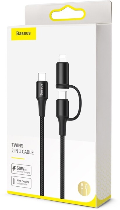BASEUS kabel Twins 2v1, USB-C - USB-C, 60W + Lightning, M/M, nabíjecí, datový, 20W, 1m, černá_1819301501