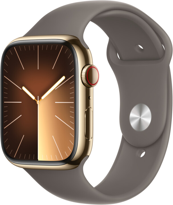 Apple Watch Series 9, Cellular, 45mm, Gold Stainless Steel, Clay Sport Band - M/L_286279945