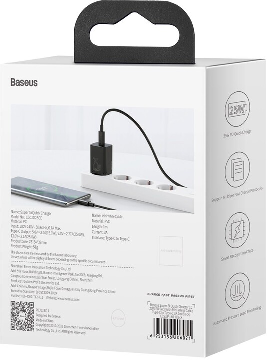 Baseus síťová nabíječka Super Si Quick 1C, USB-C, 25W, černá + kabel USB-C - USB-C, 3A, 1M, černá_2140949695