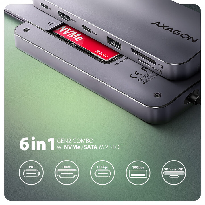 AXAGON dokovací stanice HMC-6GM2, USB-A, USB-C, HDMI, M.2 slot,, SD/microSD,PD 100W,_972607561
