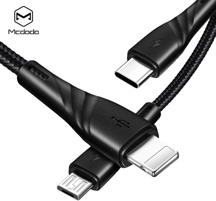 Mcdodo Peacock 3v1 Lightning + Micro USB + Type-C kabel s LED 1.2m, černá_446463374