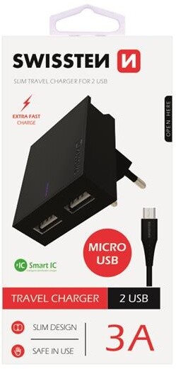 SWISSTEN síťový adaptér SMART IC, CE 2x USB 3 A Power + datový kabel USB/Type C 1,2m, černá_236619768
