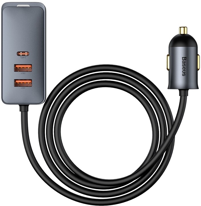 Baseus nabíječka do auta s prodlužovacím kabelem, 3x USB-A, 1x USB-C, 120W, šedá_1605168793