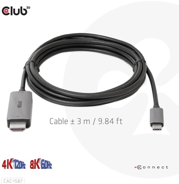 Club3D kabel USB-C - HDMI, 4K120Hz 8K60Hz HDR10 s DSC1.2, M/M, 3m_777385765