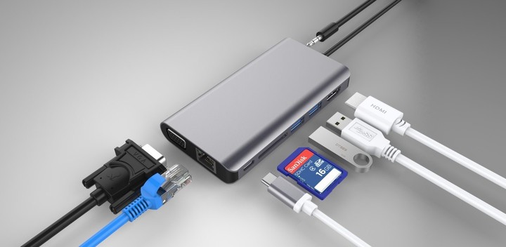 PremiumCord převodník USB3.1 typ C na HDMI+VGA+RJ45+2xUSB3.0+SD card +3,5mm+PD charge_13238383