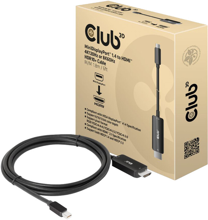 Club3D kabel miniDP 1.4 na HDMI, 4K120Hz nebo 8K60Hz HDR10+, M/M, 1.8m_496796286