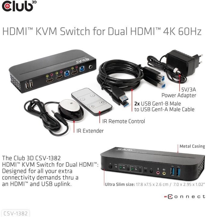 Club3D síťový přepínač - Switch, HDMI KVM Switch - Dual HDMI 4K@60Hz_402457885