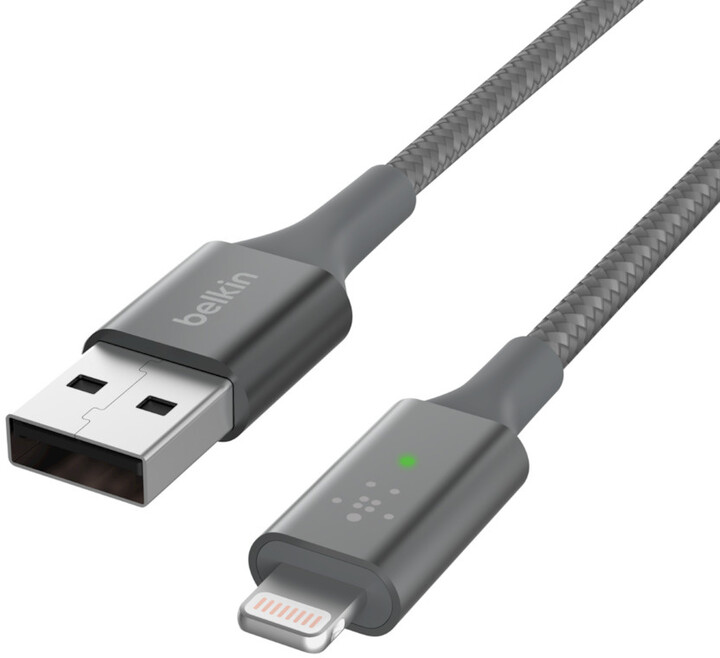 Belkin kabel USB-A - Lightning, M/M, MFi, Smart LED, opletený, 1.2m, stříbrná_1811231024