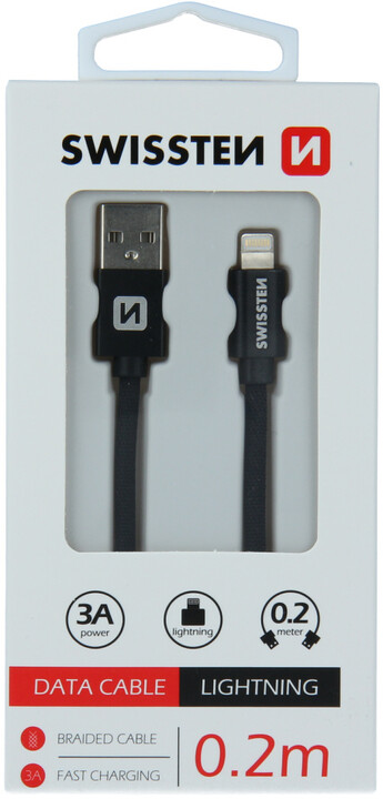 SWISSTEN datový kabel USB - Lightning, M/M, 3A, opletený, 0.2m, černá_1856850365