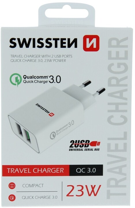 SWISSTEN síťový adaptér 2x USB, QC 3.0, 2.1A, 23W, bílá_1778950787