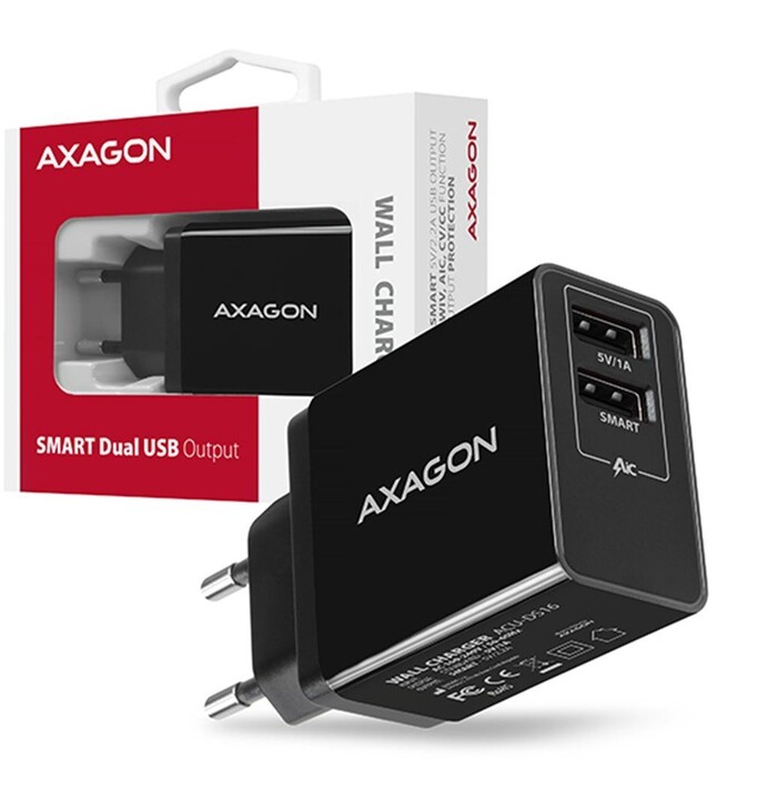 AXAGON ACU-DS16 SMART nabíječka do sítě, 2x USB výstup 5V/2.2A + 5V/1A, 16W_1729913645
