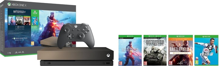 XBOX ONE X, 1TB, Gold Rush Special Edition + BF V Deluxe + FIFA 19 + BF 1 Revolution + BF 1943_1515793775