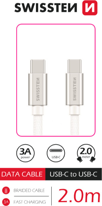 SWISSTEN textilní datový kabel USB-C - USB-C, 2 m, stříbrná