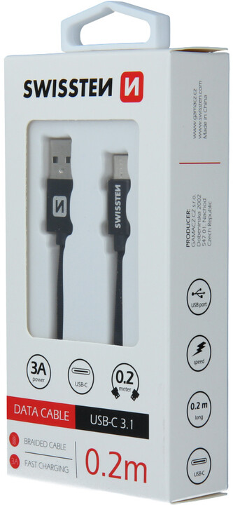 SWISSTEN datový kabel USB - USB-C, M/M, 3A, opletený, 0.2m, černá_372757343