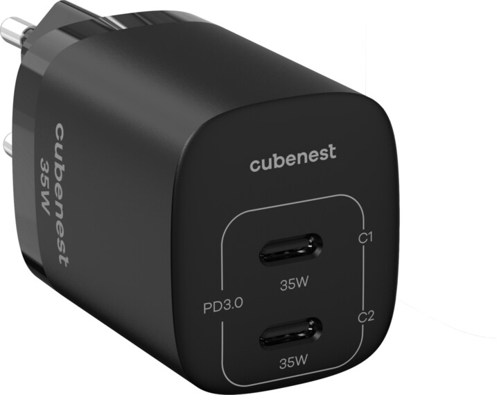 Cubenest síťová nabíječka S2D1, PD, 35W, 2x USB-C, černá_1798370559