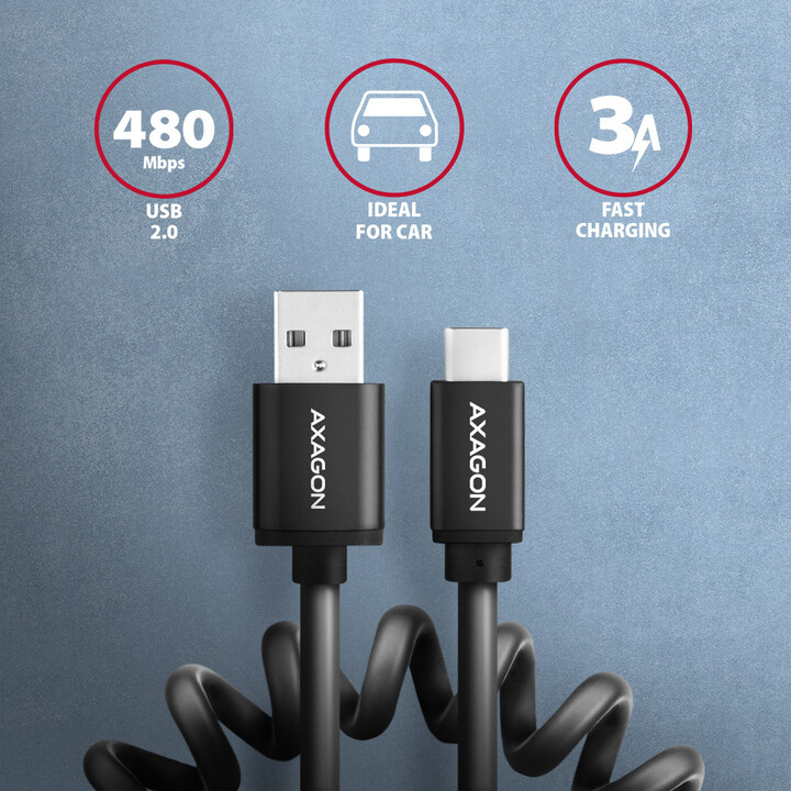 AXAGON kabel USB-A - USB-C TWISTER USB2.0, 3A, kroucený, ALU, tpe, 1.1m, černá_1362657431