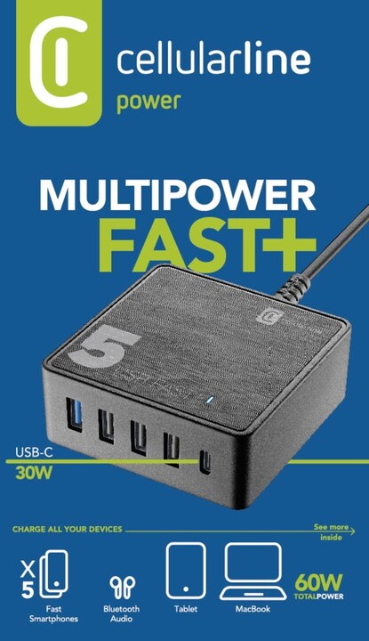 CellularLine síťová nabíječka Multipower 5 Fast, USB-C, 4xUSB, PD, 60W, černá_804758124