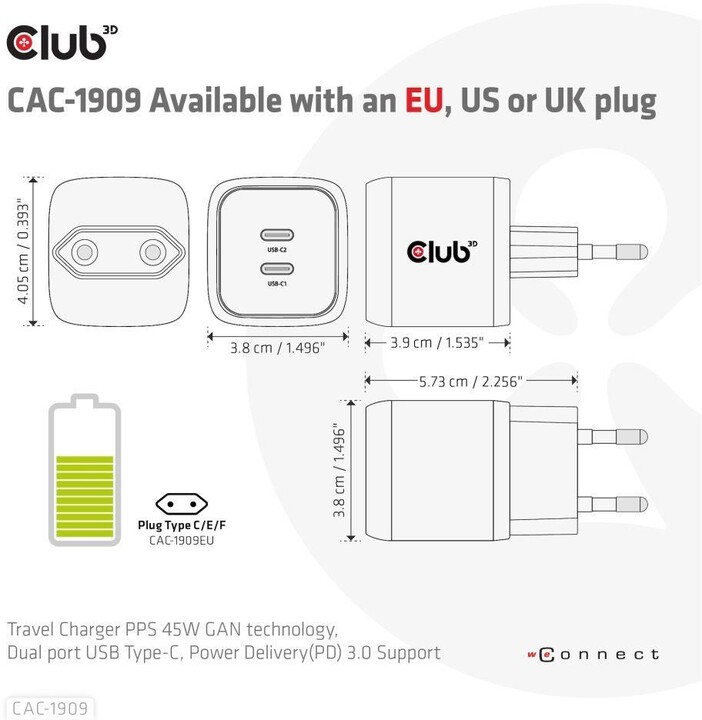 Club3D síťová nabíječka, GAN technologie, 2xUSB-C, PD 3.0, 45W, černá_892877603
