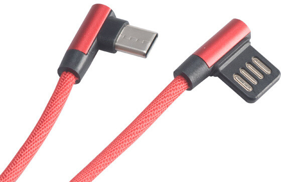 Akasa kabel USB-A 2.0 - USB-C, M/M, zahnuté konektory 90°, 1m, červená