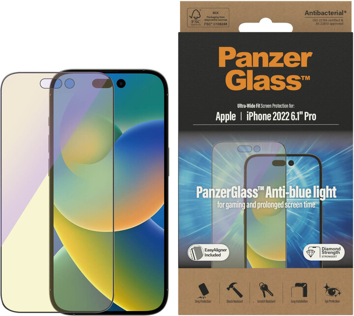 PanzerGlass ochranné sklo pro Apple iPhone 14 Pro s Anti-BlueLight vrstvou a instalačním rámečkem_2064763972