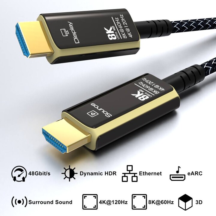 PremiumCord optický fiber kabel, Ultra High Speed HDMI 2.1, 8K@60Hz, zlacené, opletený, 5m_403172122