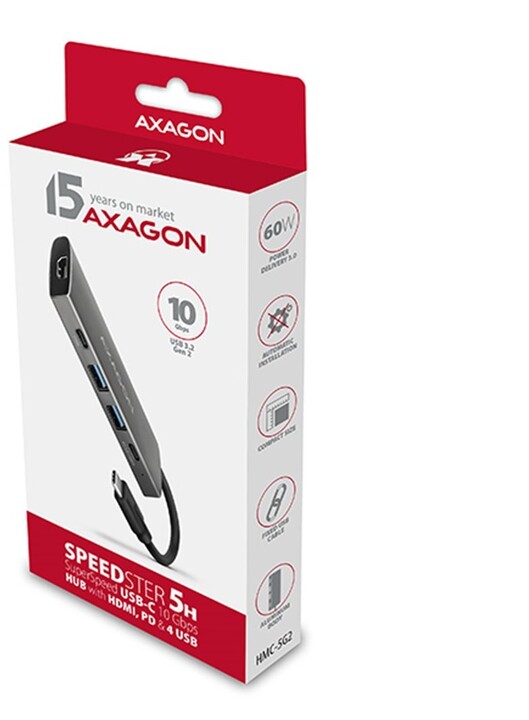 AXAGON hub USB-C 3.2 Gen2, 1xHDMI 2.0, 2xUSB-A, 2xUSB-C, 4K@30Hz, PD, 60W, stříbrná