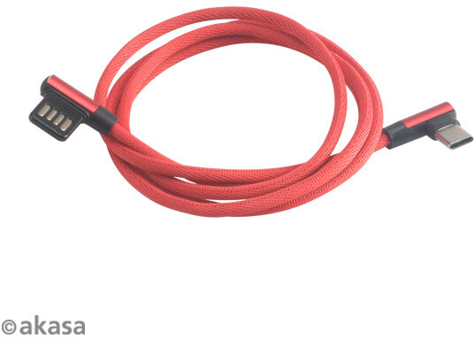 Akasa kabel USB-A 2.0 - USB-C, M/M, zahnuté konektory 90°, 1m, červená