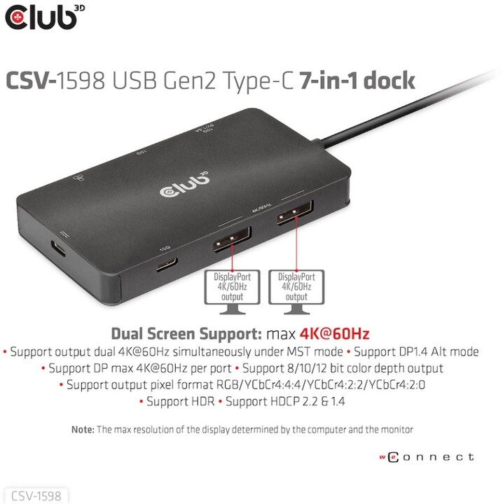 Club3D dokovací stanice USB Gen2 Type-C na Dual DisplayPort 4k60Hz 7-in-1 Portable Dock_2064233767