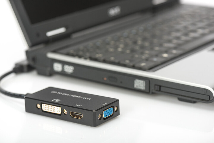 Digitus převodník 3v1 DisplayPort - HDMI, DVI, VGA, M/F/F/F, 20cm, černá_2018066410