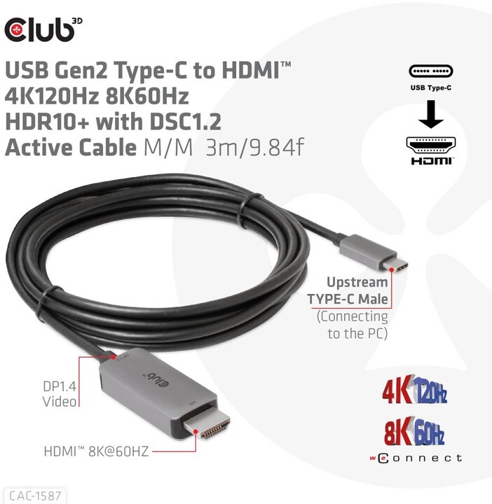 Club3D kabel USB-C - HDMI, 4K120Hz 8K60Hz HDR10 s DSC1.2, M/M, 3m_815960147